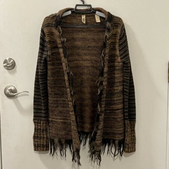 BKE Womens Fringed Wool Blend Open Cardigan Sweater Brown Size Medium - Picture 2 of 12